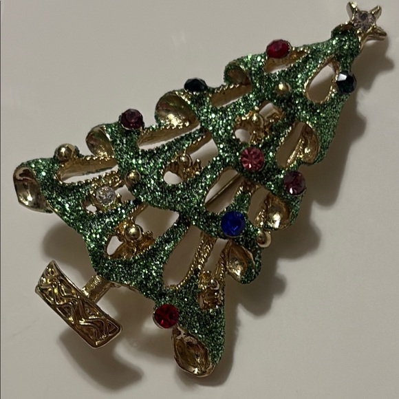 Festive Green and Gold Christmas Tree Brooch Vintage - Picture 3 of 7